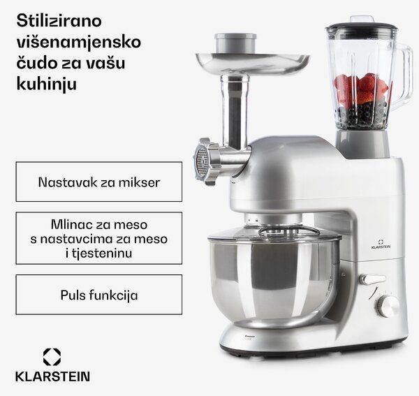 Klarstein Lucia, kuhinjski robot, 3-u-1, 1800 W / 2,7 KS, 5 litara, nehrđajući čelik, bez BPA