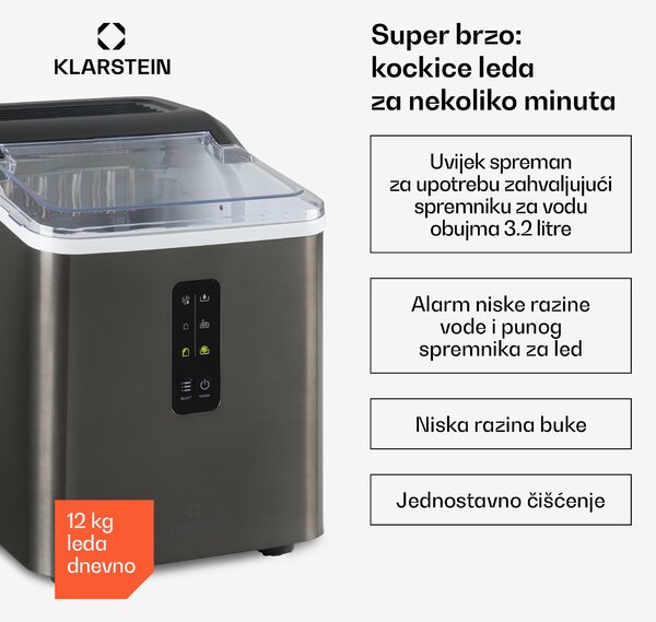 Klarstein Albaron Supreme, ledomat, oblik glavčine, 12 kg / 24 h, 1,5 ltr. Tijelo od nehrđajućeg čelika