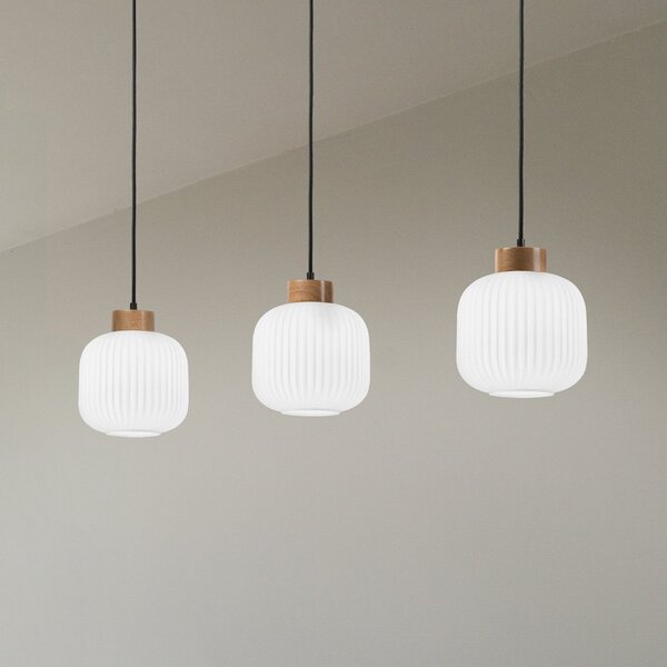 Lamkur Viseća lampa Harmony, dužina 110 cm, opal staklo hrast drvo 3 žarulje., prigušiva, Bijela, Dnevni boravak/blagovaonica, Staklo