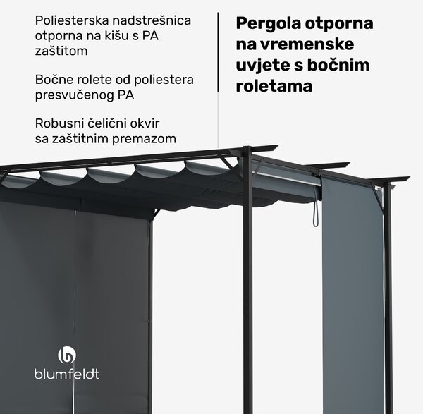 Blumfeldt Pantheon Robust pergola 3 x 3 m čelik otporan na vremenske uvjete premazan zaštitnim lakiranjem s bočnim roletama