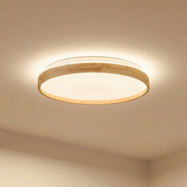 Lindby Smart LED stropna svjetiljka Mirren drvo Ø39,5 cm CCT Tuya, prigušiva, Drvo, Dnevni boravak/blagovaonica, Plastika