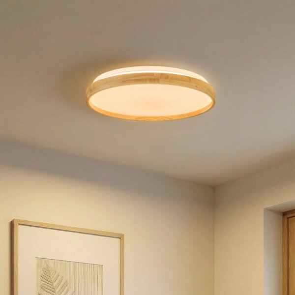Lindby Smart LED stropna svjetiljka Mirren drvo Ø39,5 cm CCT Tuya, prigušiva, Drvo, Dnevni boravak/blagovaonica, Plastika