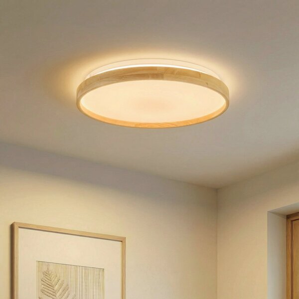 Lindby Smart LED stropna svjetiljka Mirren drvo Ø49,5 cm CCT Tuya, prigušiva, Drvo, Dnevni boravak/blagovaonica, Plastika