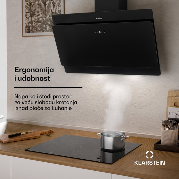 Klarstein Aurica 90, kuhinjska napa, 90 cm, 607 m³/h, LED, touch screen, staklo, crna boja