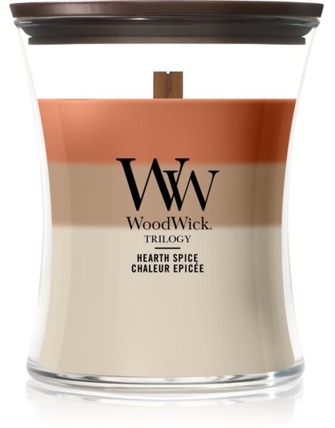 Woodwick Trilogy Hearth Spice mirisna svijeća s drvenim fitiljem 275 g