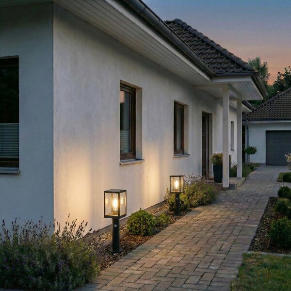 Lindby LED solarna svjetiljka za stazu Relto, senzor, šiljak tlo, 50 cm, Crno, Staklo, Solarna svjetla
