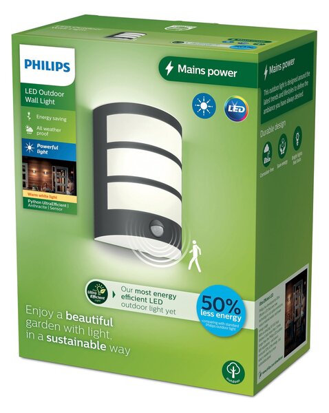Philips LED vanjska zidna svjetiljka Python UE, antracit, senzor, Crno, Nehrđajući čelik