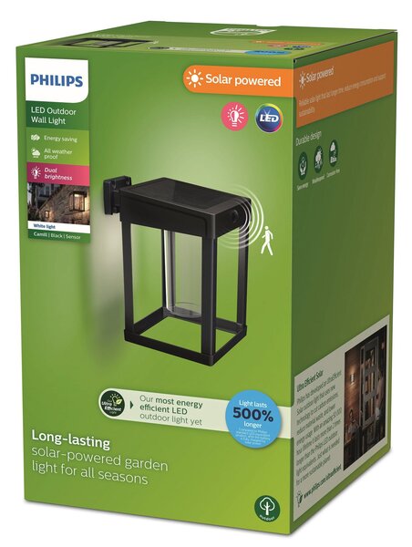 Philips Camill zidna lampa sa solarnim senzorom, crna/prozirna, 14 x cm, Crno, Plastika, fenjer