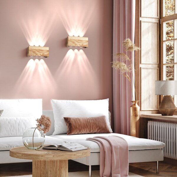 FISCHER & HONSEL LED zidna lampa Shine-Wood, širina 21 cm, hrast/crna, drvo, Drvo, Dnevni boravak/blagovaonica, Drvo