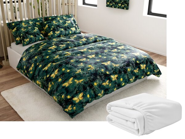 Set posteljine od mikropliša YELLOW BUTTERFLY tamno zelena + plahta od mikropliša SOFT 90x200 cm bijela, jednokrevetna