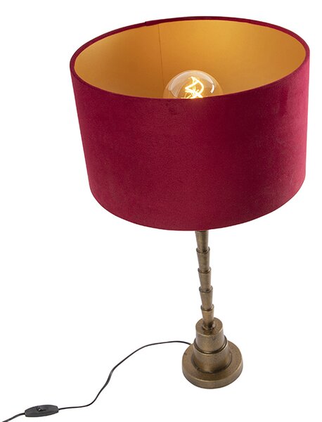 Stolna svjetiljka u stilu Art Deco brončana sjenilo od somota crveno 35 cm - Pisos