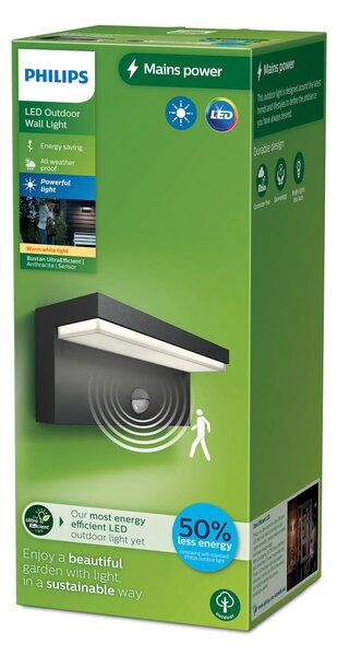 Philips LED vanjska zidna svjetiljka Bustan UE, senzor, 2700 K, Crno, Aluminij, Zidni kvadrat