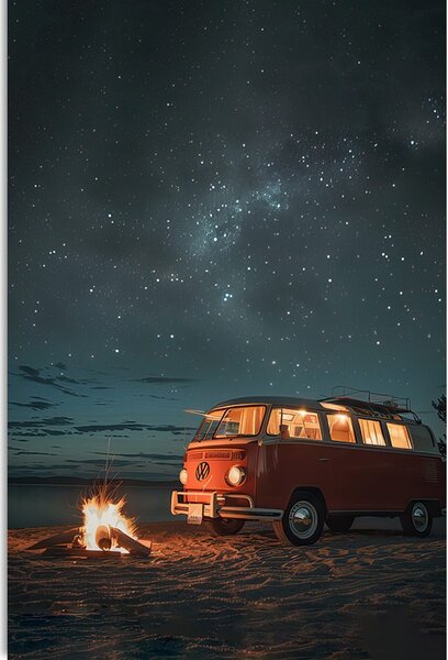 Slika logorovanje na plaži pod noćnim nebom - Volkswagen T1