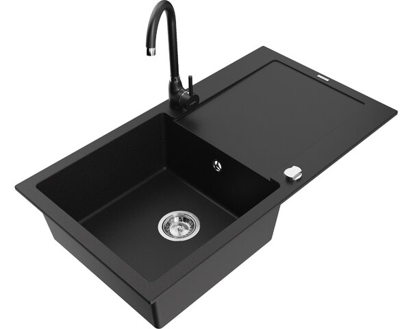 Mexen Leo granitni sudoper s 1 komorom, ocjednikom i kuhinjskom slavinom Telma, crna - 6501-77-670200-70