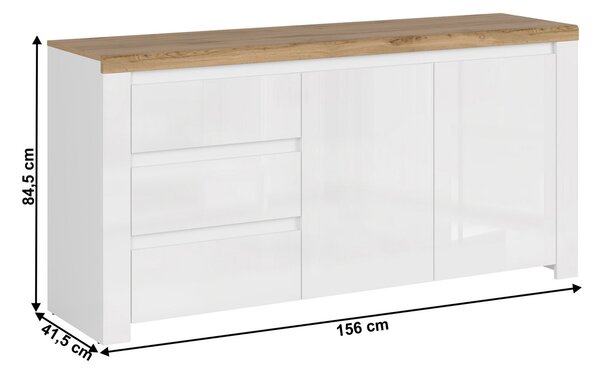 Komoda Vilgi 2D3S (visoki bijeli sjaj + Hrast wotan)
