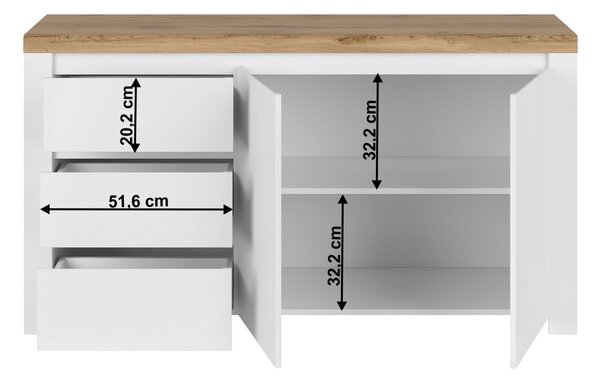 Komoda Vilgi 2D3S (visoki bijeli sjaj + Hrast wotan)