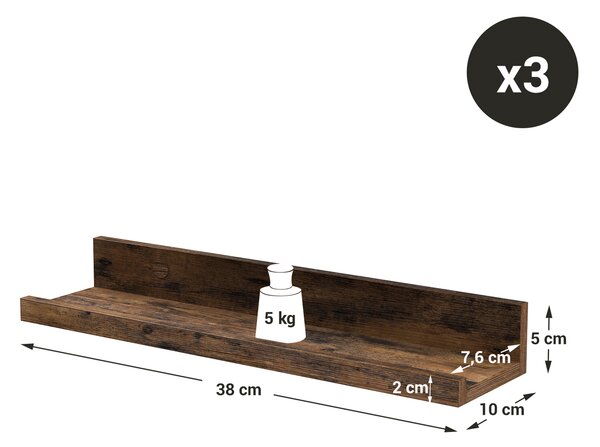 Set 3 kom zidnih polica TAYLOR 38x10 cm, rustikalno smeđe