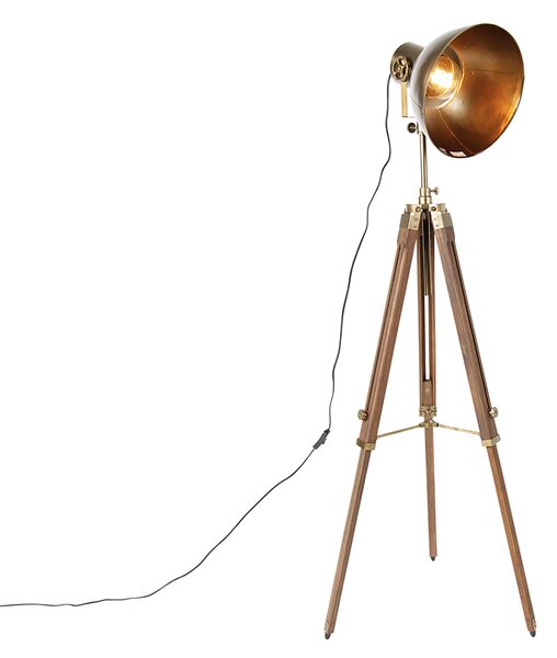 Industrijska tronožna podna svjetiljka bronca s drvom - Mango