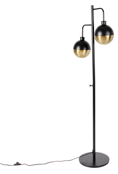 Industrijska podna svjetiljka crna s mesinganim 2 svjetla - Haicha