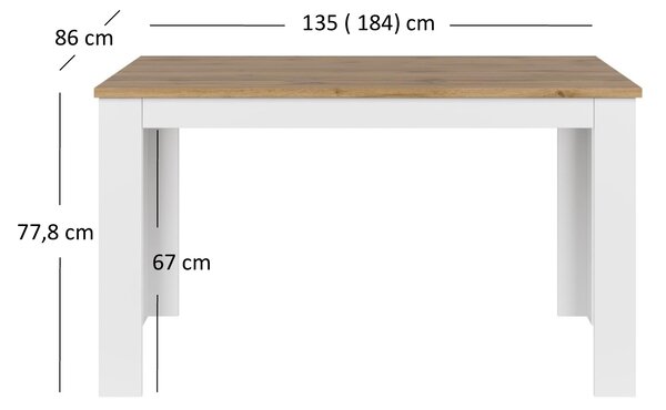 Blagovaonski stol na razvlačenje 135-184 cm Vina (bijela + hrast wotan)