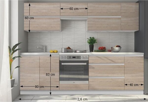 Kuhinjski set 260 cm Lina (bijela+ hrast sonoma)