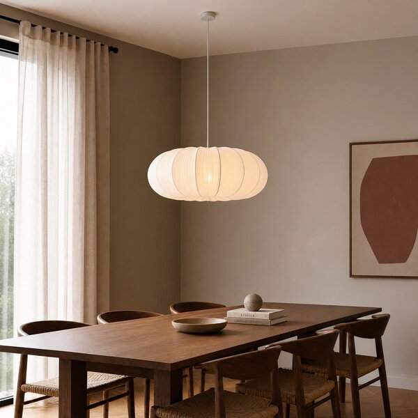 Lindby Marielle viseća svjetiljka, Ø 55 cm, bijela, tkanina, 3x E27, prigušiva, Bijela, Dnevni boravak/blagovaonica, Tkanina / tekstil