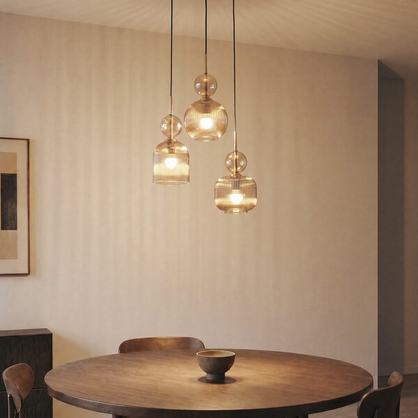 TK Lighting Sophia viseća lampa, 3 žarulje, Ø 41 cm, boja konjaka/crna, E14, prigušiva, Sivo, Dnevni boravak/blagovaonica, Staklo