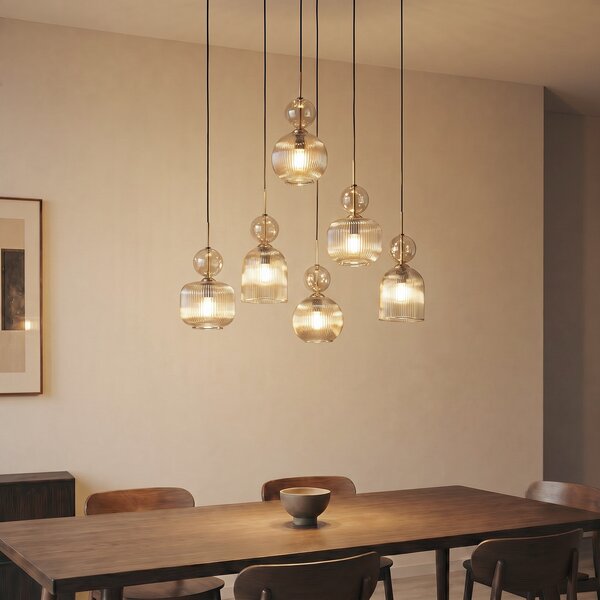 TK Lighting Sophia viseća lampa, 6 žarulja, 65 cm, kognac/crna, E14, prigušiva, Sivo, Dnevni boravak/blagovaonica, Staklo