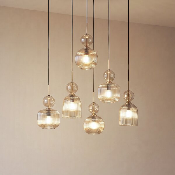 TK Lighting Sophia viseća lampa, 6 žarulja, 65 cm, kognac/crna, E14, prigušiva, Sivo, Dnevni boravak/blagovaonica, Staklo