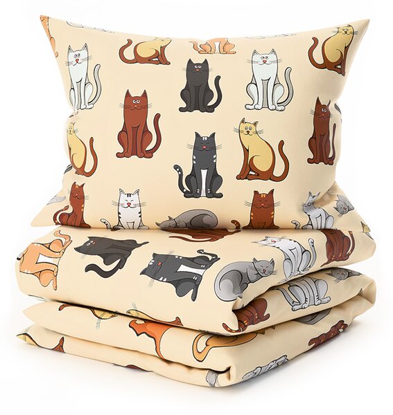 Set posteljine od mikropliša COLORED CATS krem + plahta od mikropliša SOFT 90x200 cm bijela, za jedan krevet