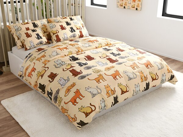 Set posteljine od mikropliša COLORED CATS krem + plahta od mikropliša SOFT 90x200 cm bijela, za jedan krevet