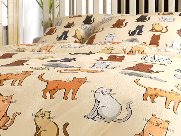 Set posteljine od mikropliša COLORED CATS krem + plahta od mikropliša SOFT 90x200 cm bijela, za jedan krevet