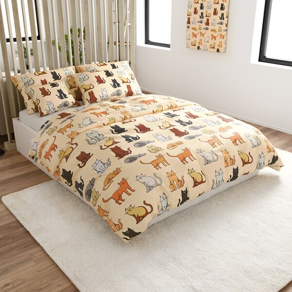 Set posteljine od mikropliša COLORED CATS krem + plahta od mikropliša SOFT 90x200 cm bijela, za jedan krevet