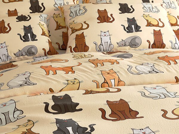 Set posteljine od mikropliša COLORED CATS krem + plahta od mikropliša SOFT 90x200 cm bijela, za jedan krevet