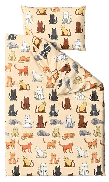Set posteljine od mikropliša COLORED CATS krem + plahta od mikropliša SOFT 90x200 cm bijela, za jedan krevet