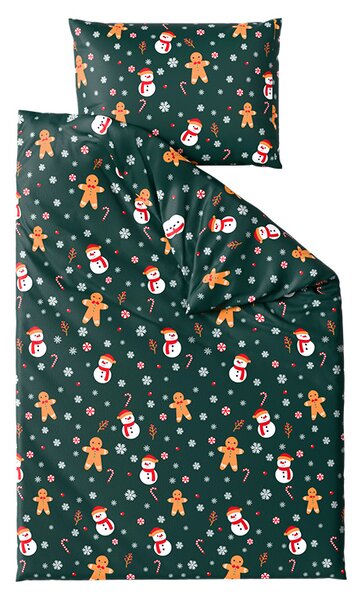 Set posteljine od mikropliša SNOWMAN AND GINGERBREAD zelena + plahta od mikropliša SOFT 180x200 cm bijela, bračni krevet