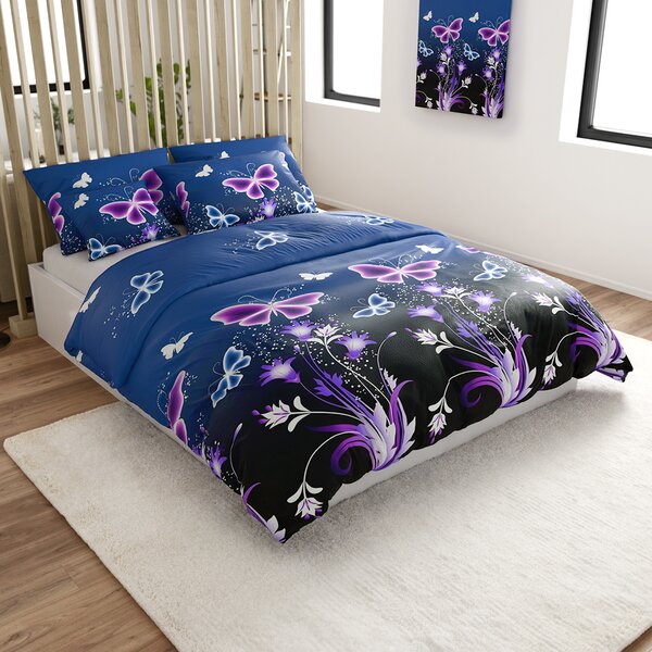 Set posteljine od mikropliša VIOLET BUTTERFLY tamno plave boje + plahta od mikropliša SOFT 180x200 cm bijele boje, bračni krevet