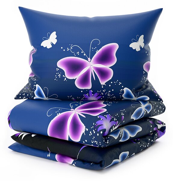 Set posteljine od mikropliša VIOLET BUTTERFLY tamno plave boje + plahta od mikropliša SOFT 180x200 cm bijele boje, bračni krevet