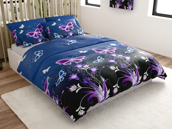 Set posteljine od mikropliša VIOLET BUTTERFLY tamno plave boje + plahta od mikropliša SOFT 180x200 cm bijele boje, bračni krevet