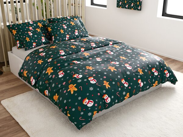 Set posteljine od mikropliša SNOWMAN AND GINGERBREAD zelena + plahta od mikropliša SOFT 180x200 cm bijela, bračni krevet