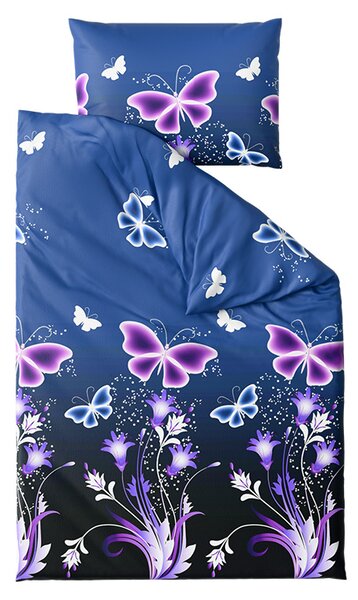 Set posteljine od mikropliša VIOLET BUTTERFLY tamno plave boje + plahta od mikropliša SOFT 180x200 cm bijele boje, bračni krevet