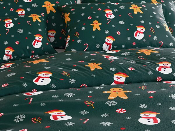 Set posteljine od mikropliša SNOWMAN AND GINGERBREAD zelena + plahta od mikropliša SOFT 180x200 cm bijela, bračni krevet