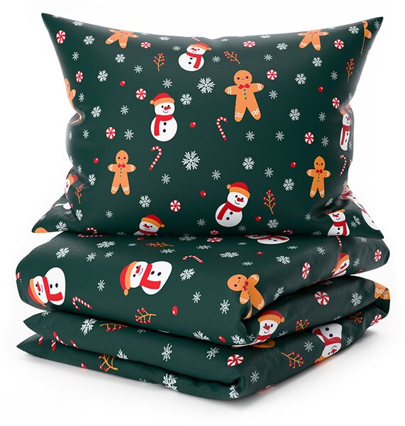 Set posteljine od mikropliša SNOWMAN AND GINGERBREAD zelena + plahta od mikropliša SOFT 180x200 cm bijela, bračni krevet