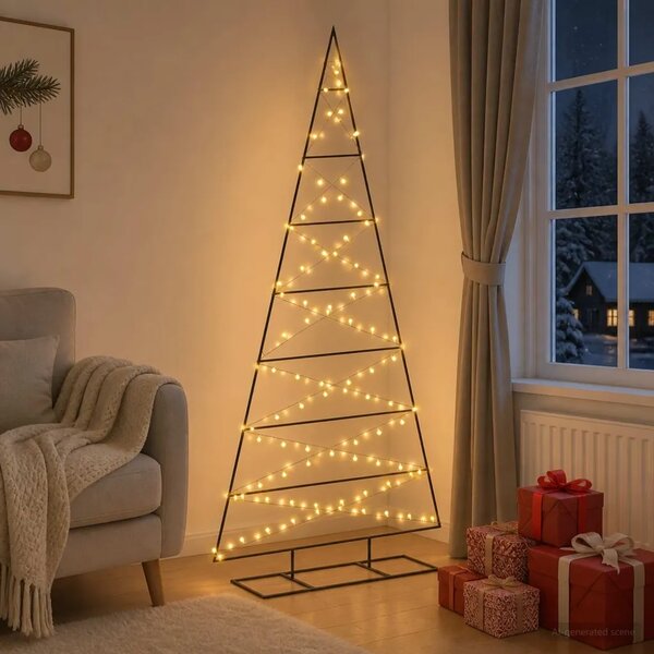 Metalna božićna jelka KUOPIO 210 cm Topla bijela - 210 cm Crna s LED svjetlima