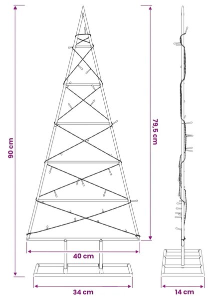 Metalna božićna jelka KUOPIO 90 cm Topla bijela - 90 cm Crna s LED svjetlima