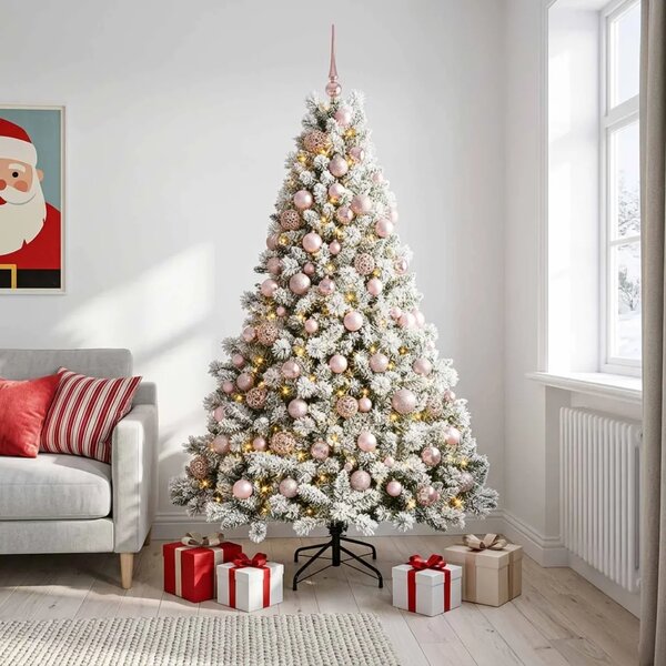 Umjetno božićno drvce s kuglicama 210 cm 300 LED lampica - Zelena i bijela 210 cm s LED-ima i ružičastim lopticama
