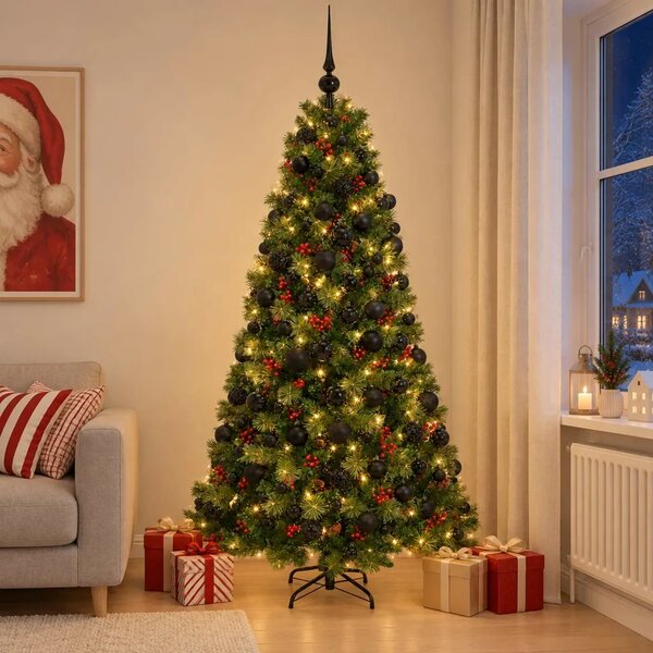 Umjetno božićno drvce s kuglicom 210 cm 300 LED lampica - 210 cm s LED-ima i crnim lopticama