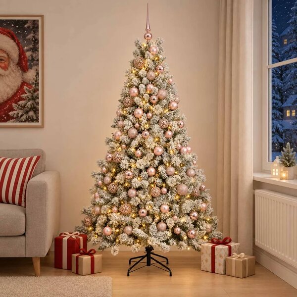 Umjetno božićno drvce s kuglicama 210 cm 300 LED lampica - Zelena i bijela 210 cm s LED-ima i ružičastim lopticama