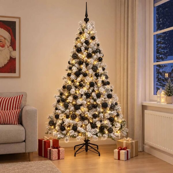 Umjetno božićno drvce s kuglicama 210 cm 300 LED lampica - Zelena i bijela 210 cm s LED-ima i crnim lopticama