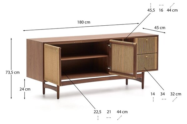 Smeđa niska komoda u dekoru oraha 180x73 cm Elan – Kave Home
